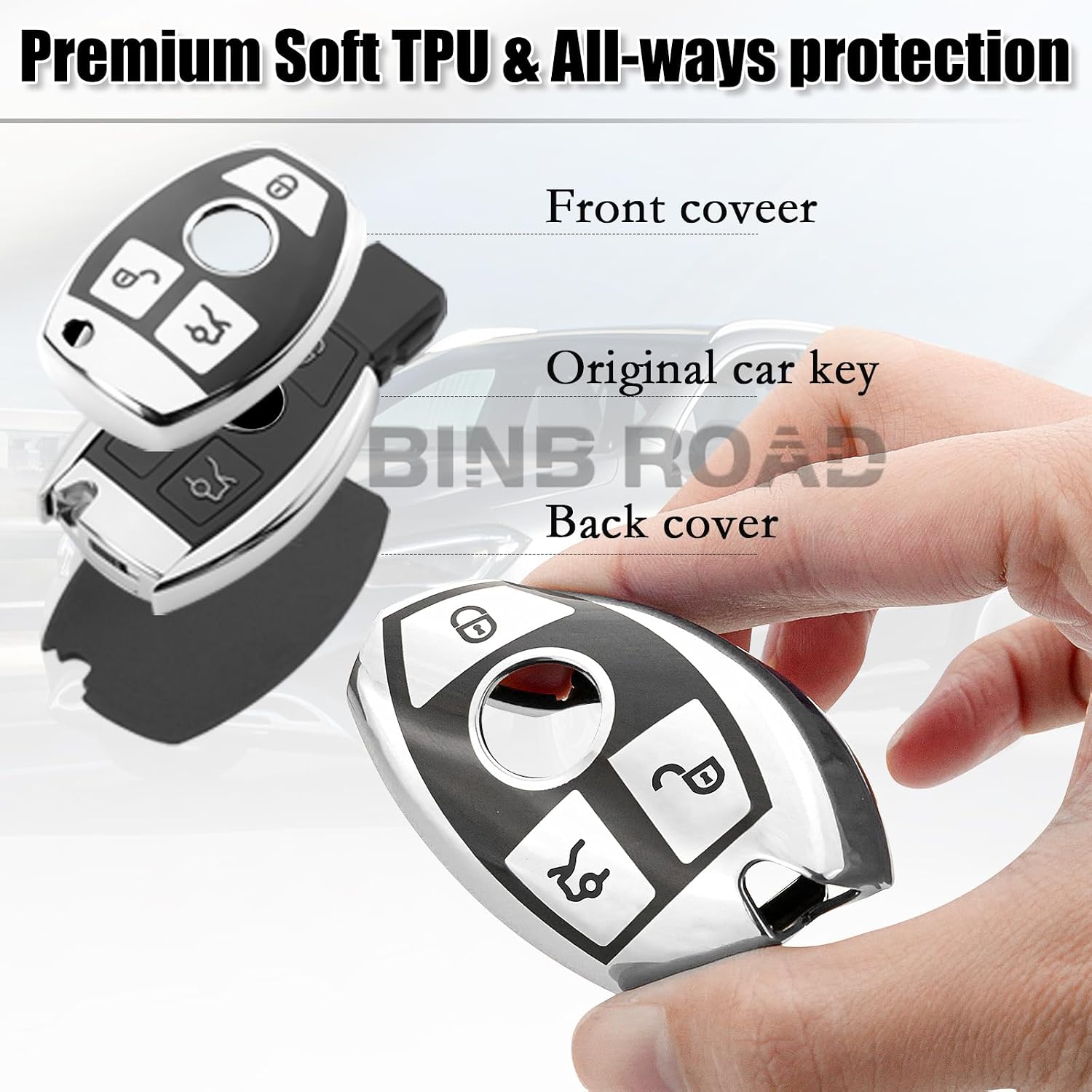 Compatible with Mercedes Benz Key Fob Cover - Soft TPU Case Protection for C E S M CLA GLE GLK SLK Class 08-19，Sliver