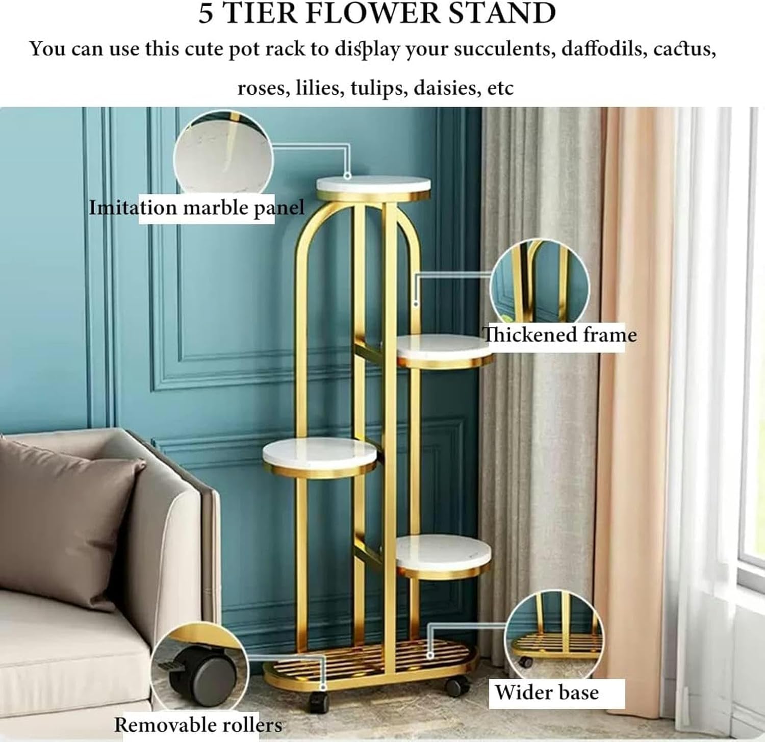 Interior Plants Support for 5 -Level Metal Corner Plants for Indoor Plants ， Supports for High Plants with Wheels for ，