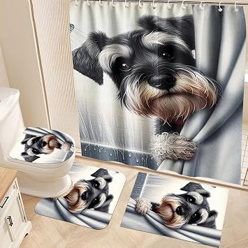 4PCS Cute Dog Kids Shower Curtain Set with Bathroom Rugs Bath Shower Curtain Mini Schnauzer Bathroom Curtain Schnauzer Funny Bath Curtain Kids Cloths Shower Curtain Schnauzer Dog Lover Gift