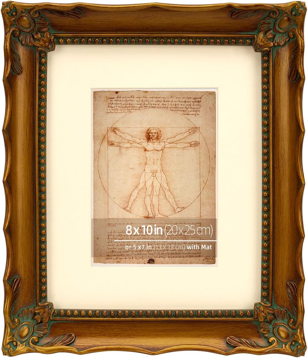 8x10 Antique Gold Ornate Hand Crafted Resin Picture Frame with Mat Display 5x7, Tempered Glass and Velvet Backing, Decorative Scallop Edge Design for Home Decor, Photo Gallery, Art, More