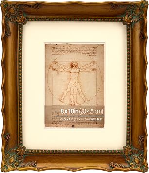 8x10 Antique Gold Ornate Hand Crafted Resin Picture Frame with Mat Display 5x7, Tempered Glass and Velvet Backing, Decorative Scallop Edge Design for Home Decor, Photo Gallery, Art, More