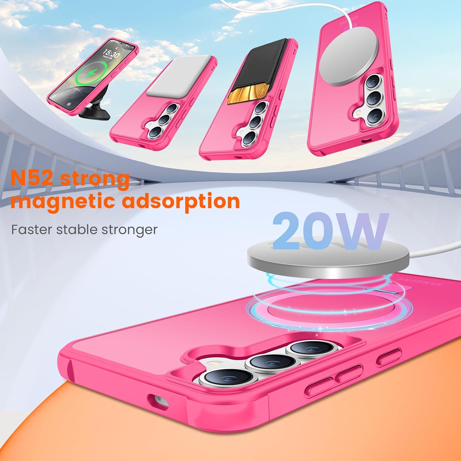 Magnetic Ring Stand Case for Samsung Galaxy S24/S25-120° rotatable Stand, N52 Magnet, Non-Slip, matt Transparent Back, Easy to Clean, Shockproof, Drop Protection (Rose Red)