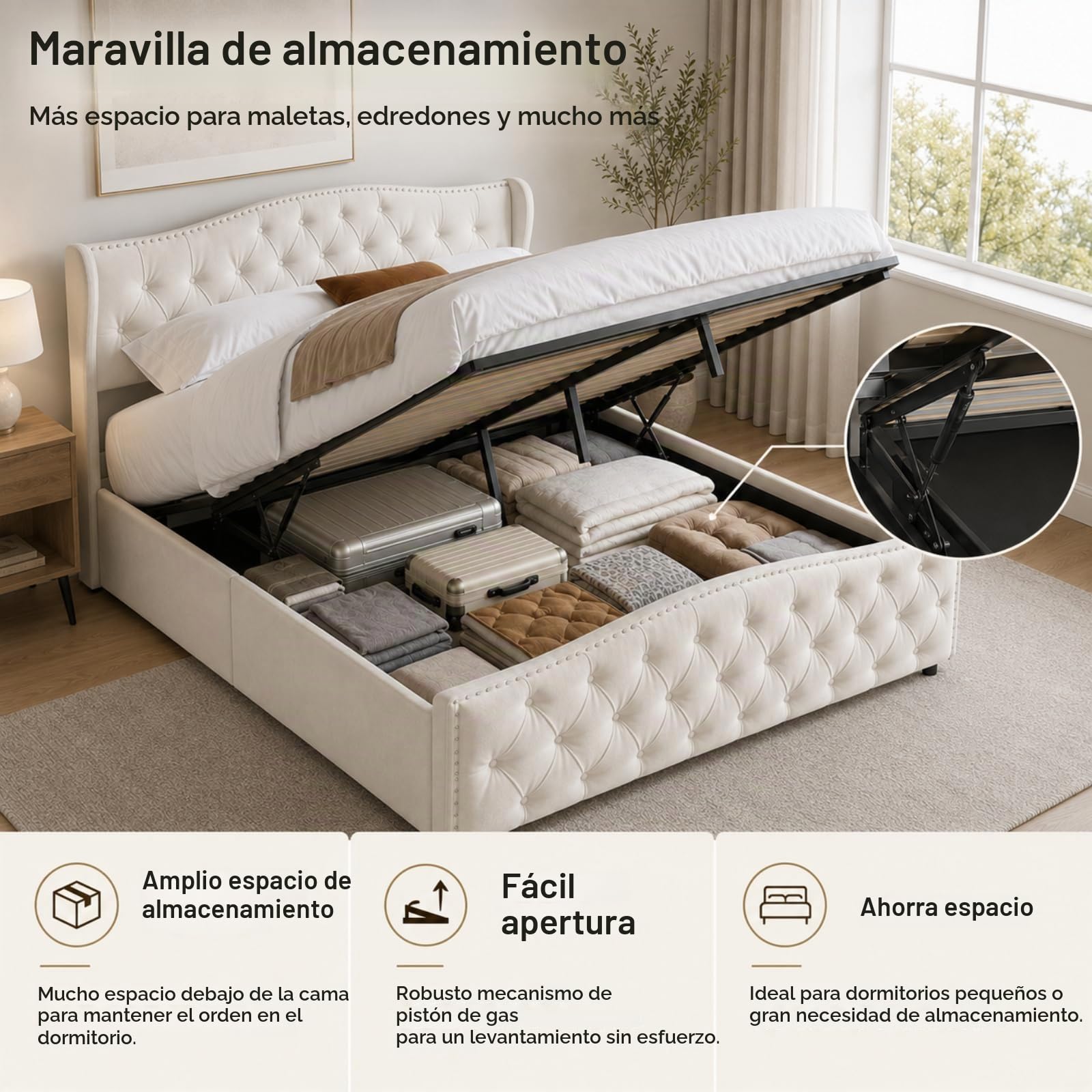 Fofetbfo Cama tapizada de 160 x 200 cm, cama doble acolchada con cajón, cama doble con espacio de almacenamiento, cama de almacenamiento hidráulico con cabecero, cama funcional para adolescentes