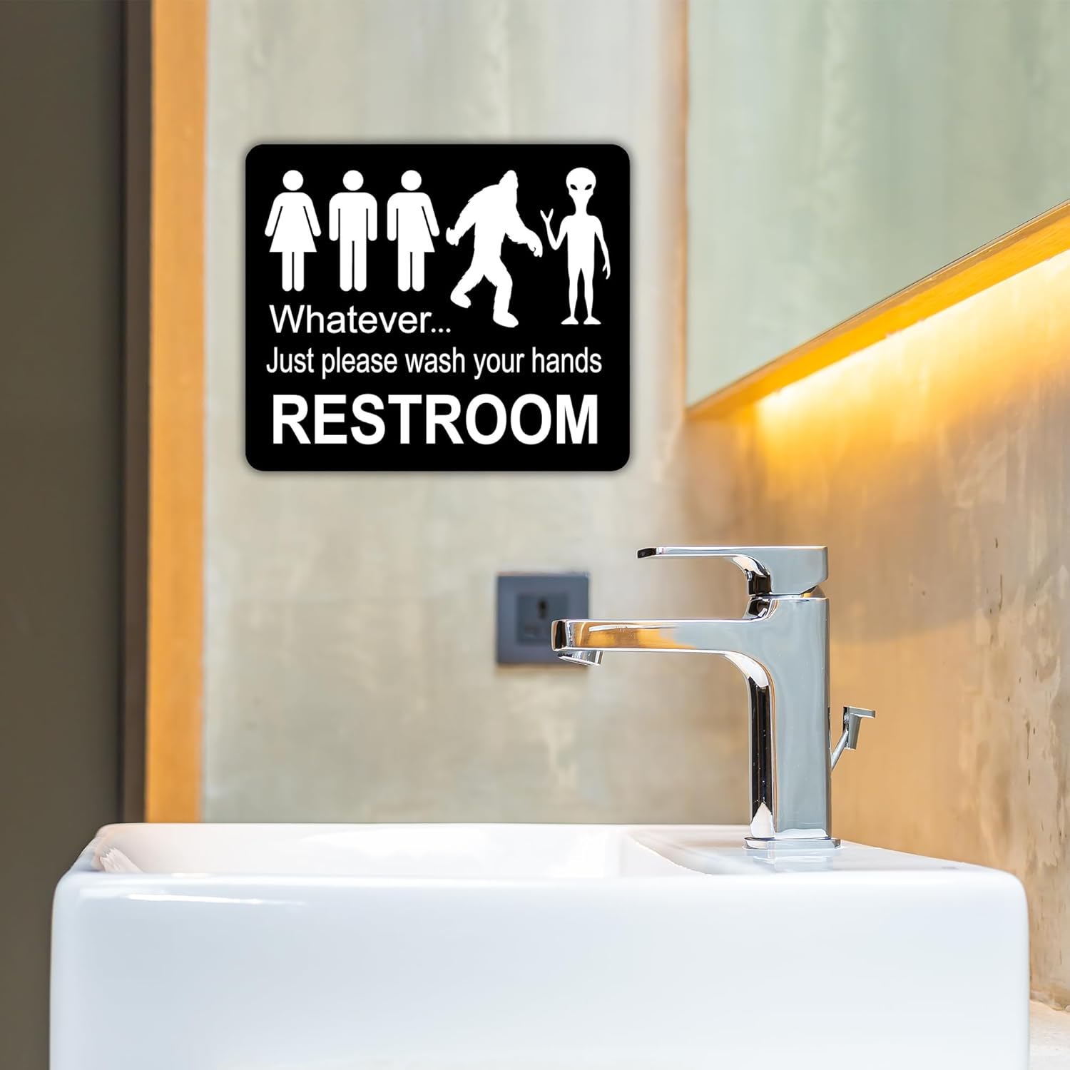 FUNNY BATHROOM WHATEVER JUST WASH YOUR HANDS BIGFOOT ALIEN SIGN Aluminum Composite Outdoor Sign 15" x18"