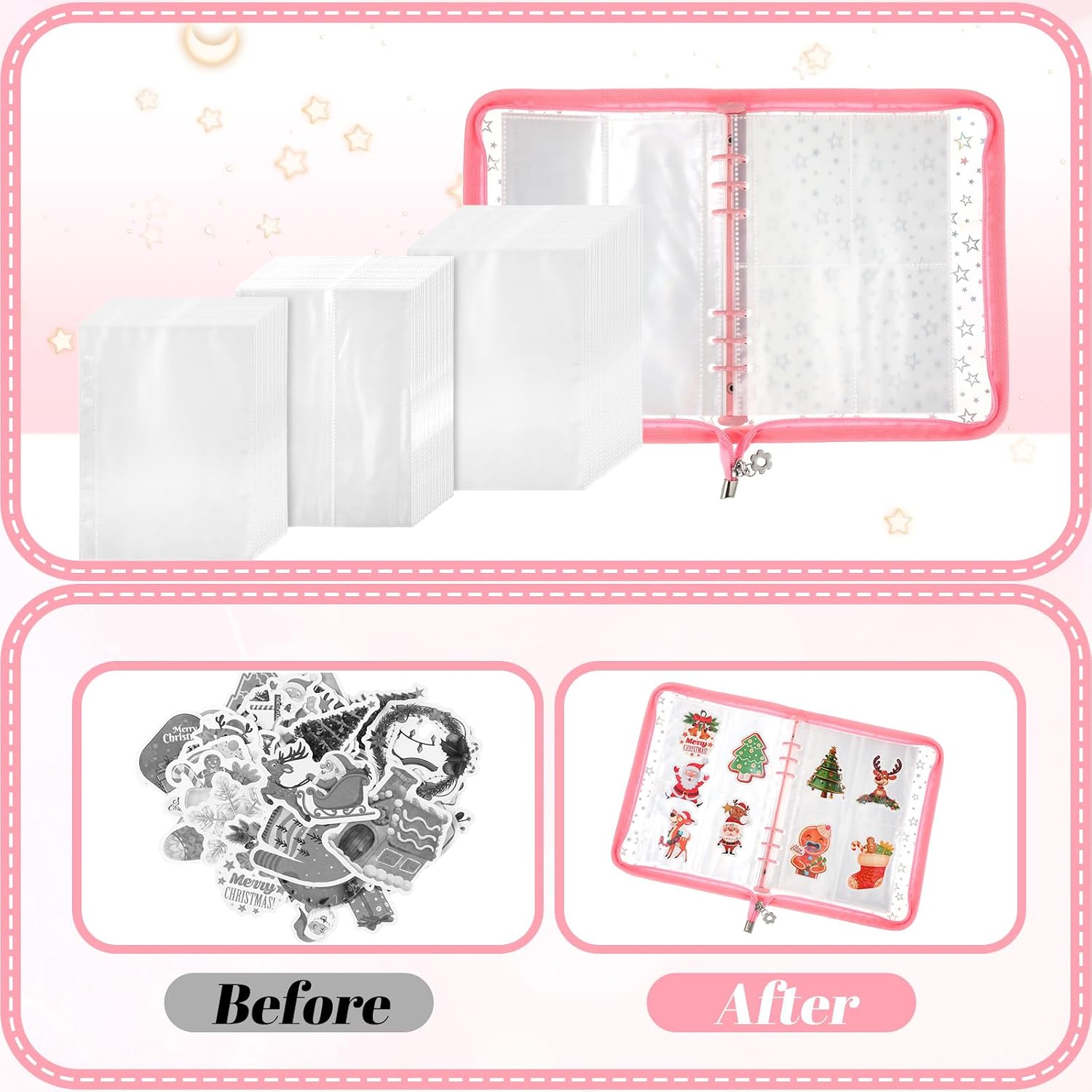 Feifeiya 3 Pack 3 in 1 Sticker Storage Organizer Binder A5 Reusable Sticker Collecting Book Album Holder with Zipper Cards Keeper with 140 Pockets(Pink Black Purple)