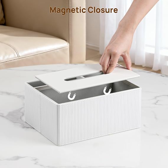Tissue Box Cover Rectangle PU Leather Tissue Box Holder Rectangular (Ivory)
