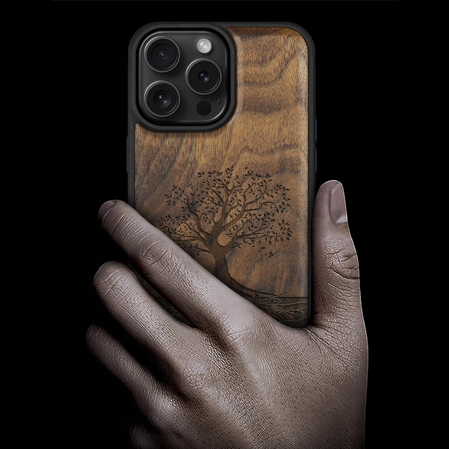 Carveit Magnetic Wooden Case for iPhone 16 Pro Max Case, Wood Artisan Engraved & Black Soft TPU Shockproof Cover, Compatible with MagSafe Wireless Chargers (The Yin Yang Tree) Walnut