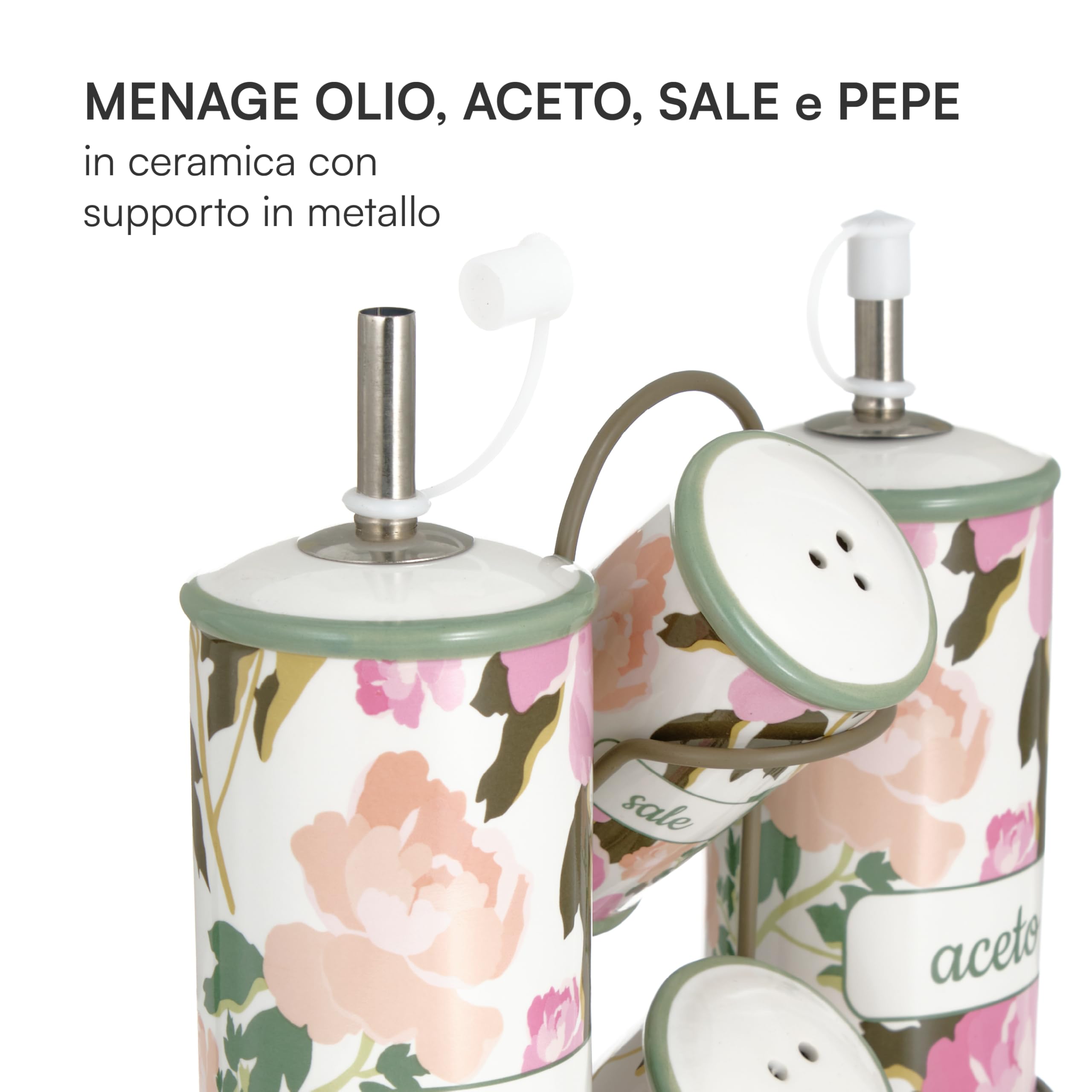 Baroni Home Menage Olio Aceto Sale Pepe in Ceramica con Stand in Metallo, Accessorio da Cucina Colorato Resistente, Linea Rose, 21X8X22cm
