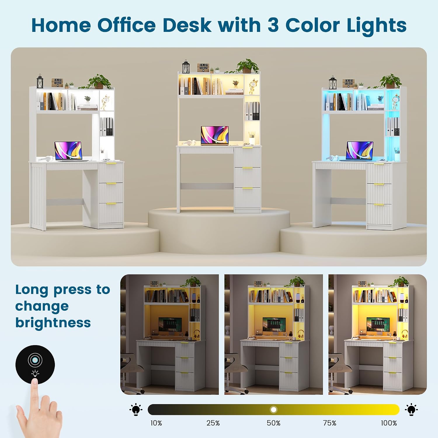WOOVIVS Desk with Hutch and Drawers for Bedroom,Home Office,White | Computer Desk with Built-in Power Strip Charging Station,3-Color Dimmable Lights,Motion Sensor,4 Drawers,Book Shelf image 4