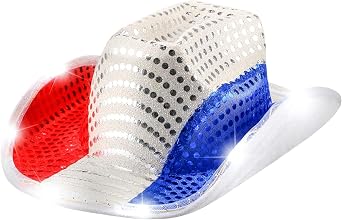 4th of July Red White and Blue Sequin Cowboy Hat for Women Men - LED Light-Up Cowboy Hat with White LED Brim