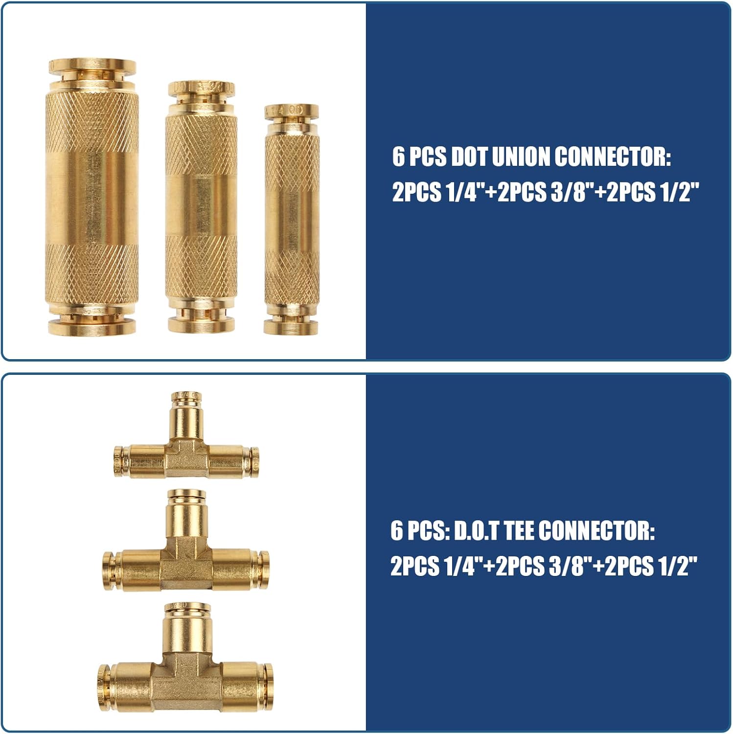 36 PCS Brass DOT Air Brake Line Fitting Assortment Kit 1/4" 3/8" 1/2" Push to Connect Repair Fittings Kit,Union/Tee/Elbow/Straight Air Brake Assortment Kit with Case