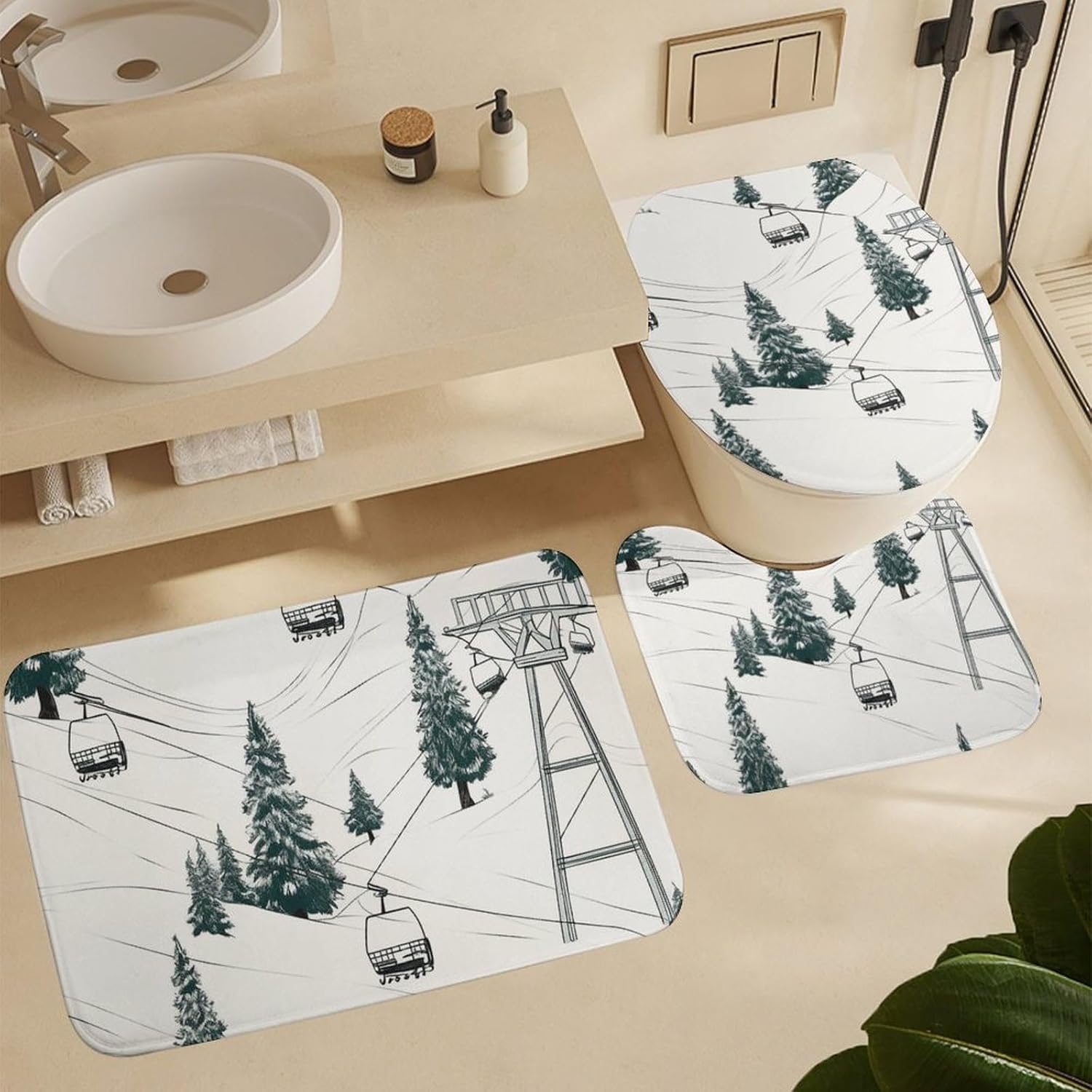 Ski Lift with Fir Tree Shower Curtain Set 4 Piece, Non-Slip Bath Mat with Toilet Lid Cover and Waterproof Shower Curtain with 12 Hooks, Complete Bathroom Set for Home Decor