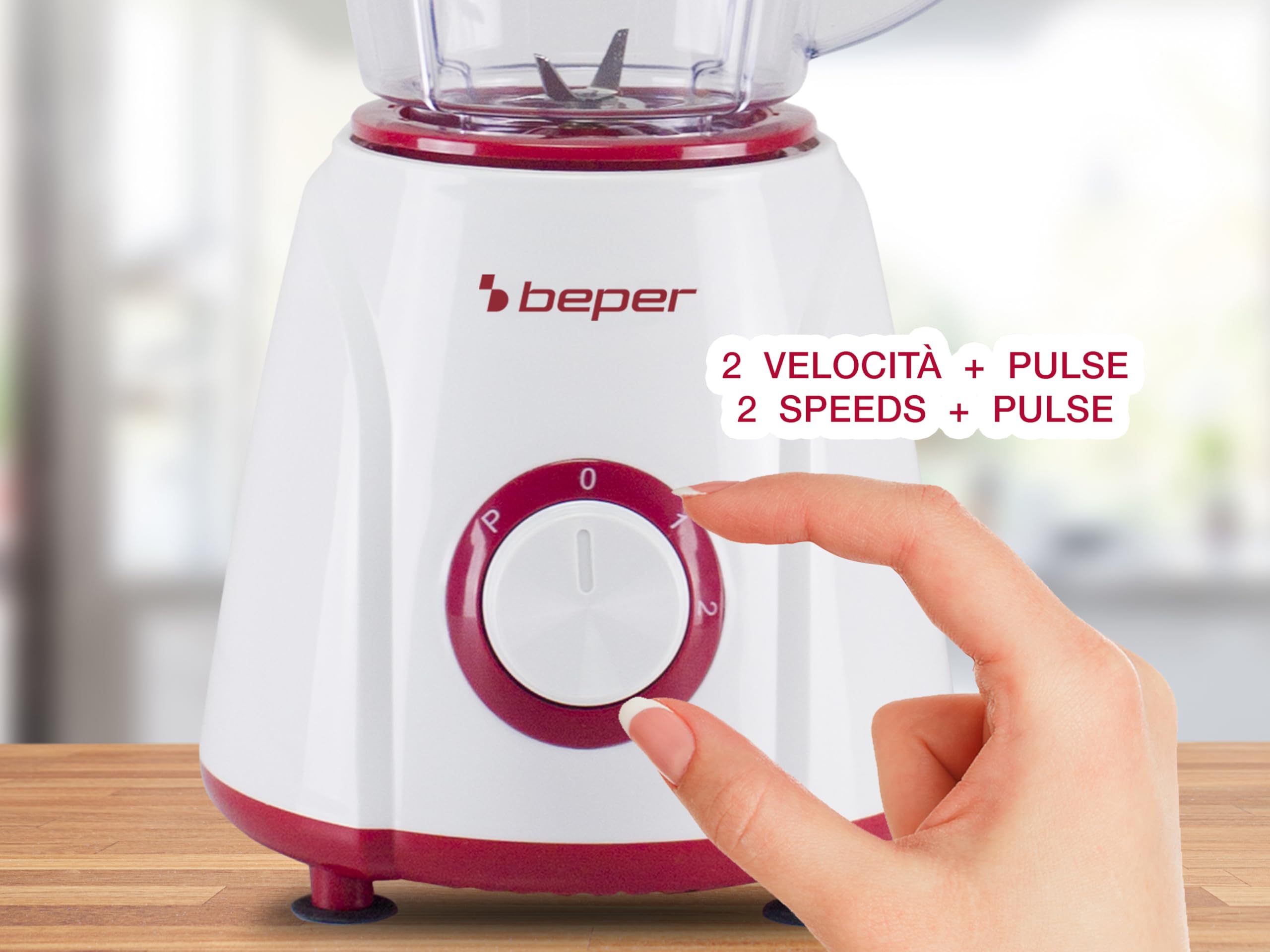 BEPER P102FRU501 Mixeur de table 1,5 L – 400 W, 4 lames en acier inoxydable, 2 vitesses + fonction Pulse, pichet gradué, couvercle avec trou, base antidérapante, idéal pour les crèmes et sauces
