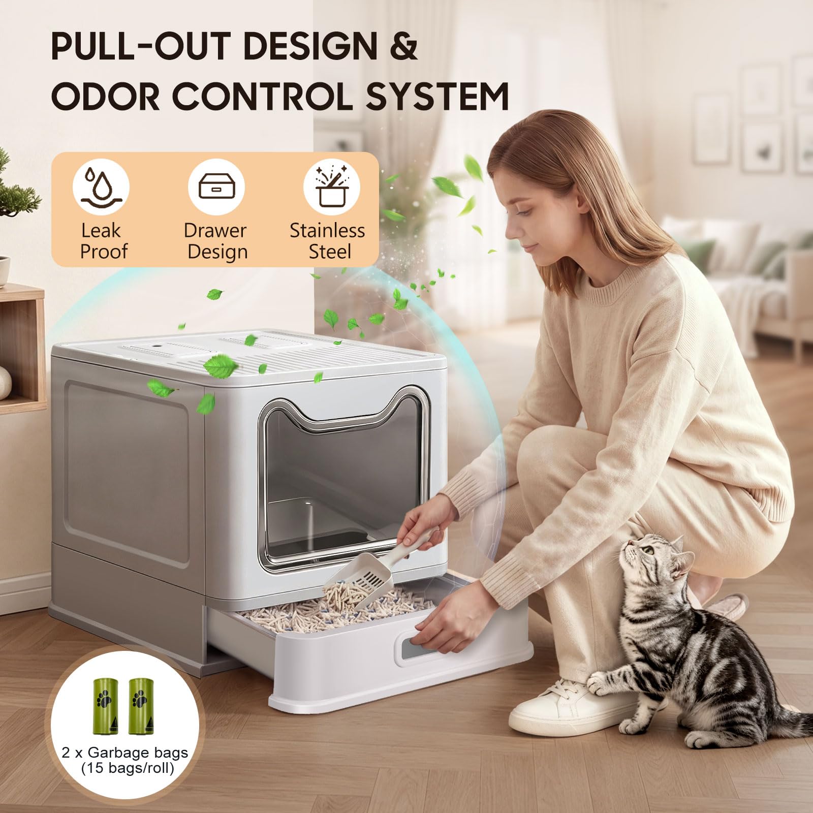 XL Arenero Gato Cubierto de Acero Inoxidable con Diseño de Cajón Cerrado | Doble Control Olores, Resistente Arañazos, Prueba Fugas, Revestimiento Antiadherente, Fácil de Limpiar, para Gatos Interior