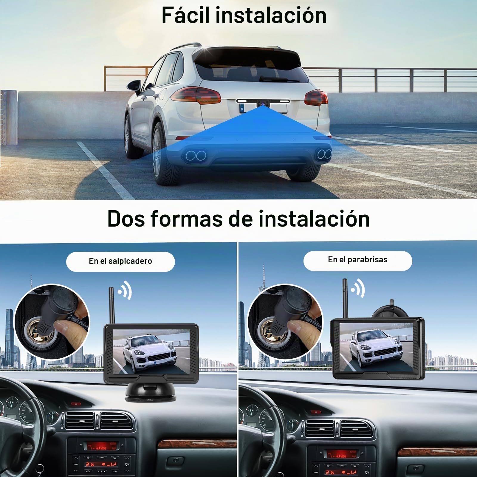 CAMECHO 5 Pulgadas Cámara de Marcha atrás inalámbrica para Coche con Pantalla,Impermeable,visión Nocturna Camara Trasera Kit con DIY Ayuda de Marcha atrás y Flip de Imagen para Minivans SUV