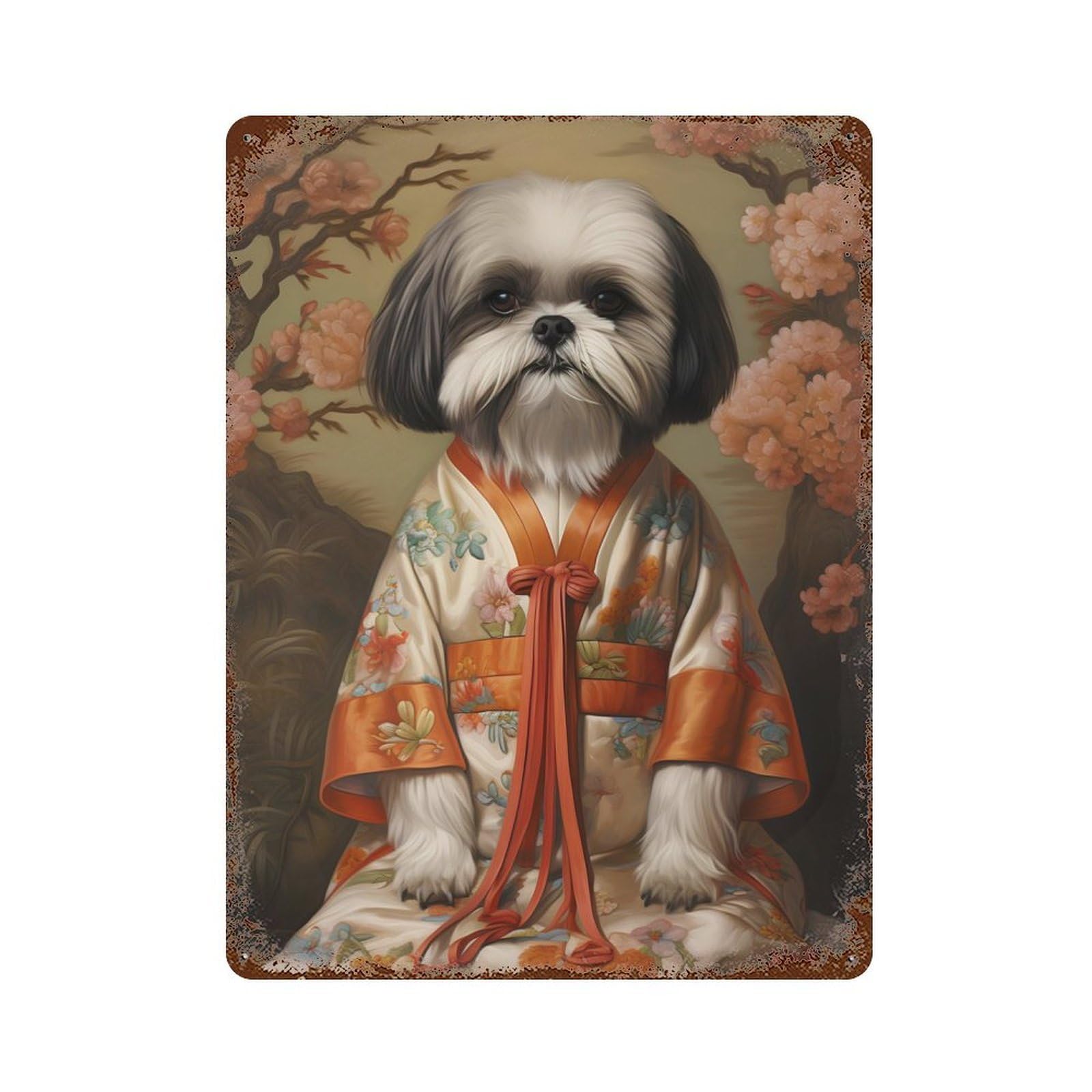 Shih Tzu Dog in K Imono 15.7"x11.8" Distressed Metal Wall Sign, Shabby Chic Decor for Office, Studio And Wall Decor