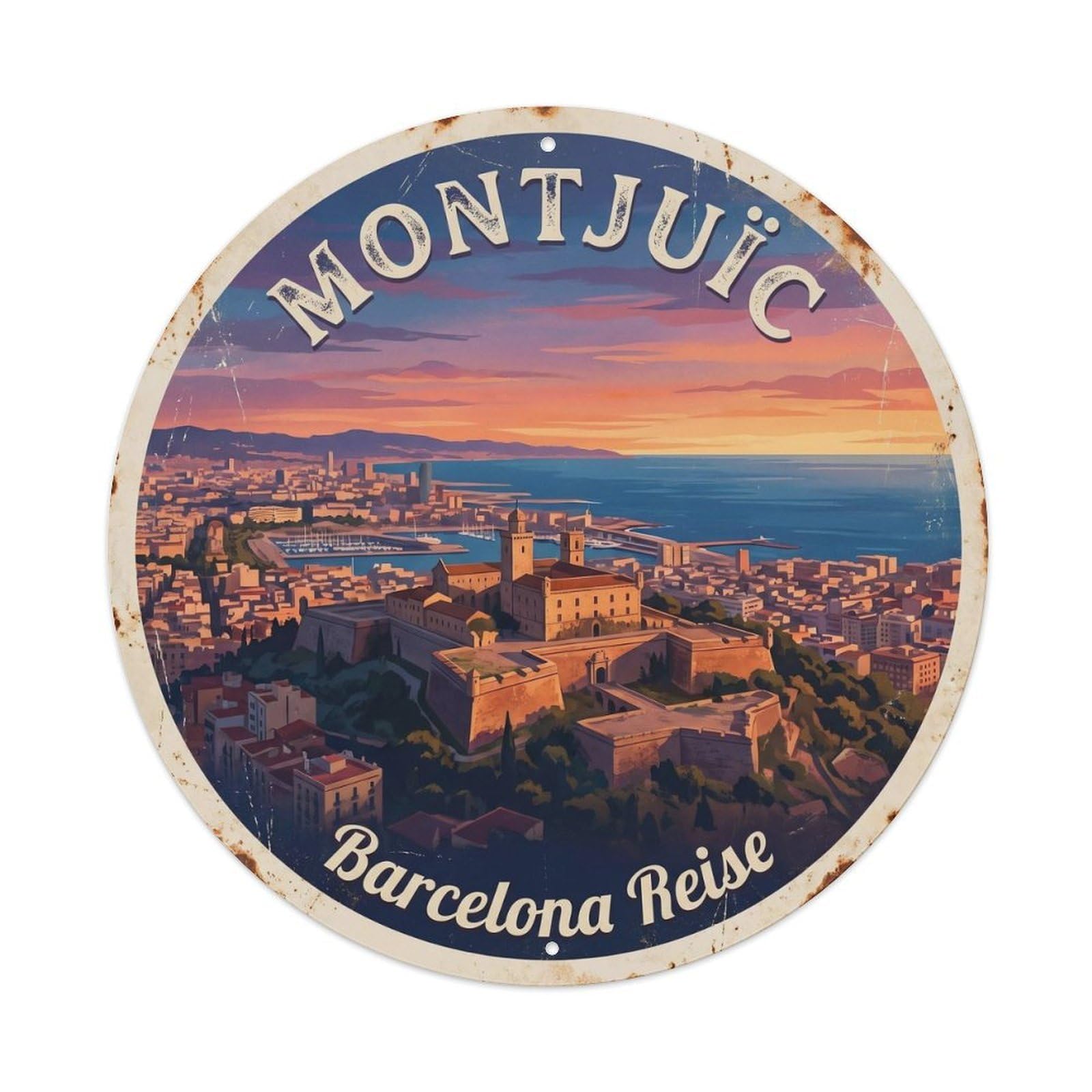 Barcelona Montjuic Castle Vintage Travel Heritage Panorama Metal Tin Sign Plaque Wall Decor for Cafe, Man Cave, Club Bar, Office, Home Garden Round Metal Poster 8x8Inch