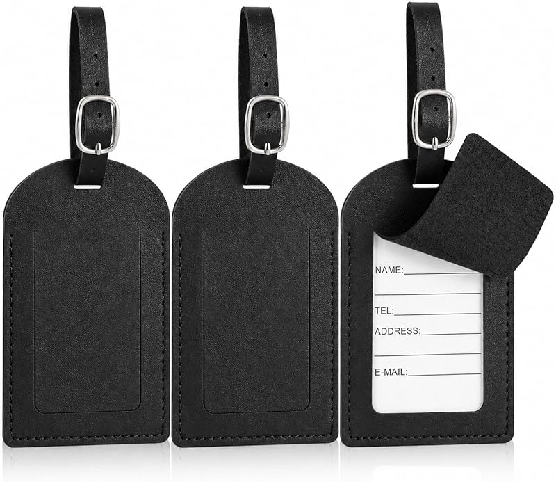 3 Pack Leather Luggage Tags, Black PU Leather Cruise Luggage Tag | Cute Luggage Tag with Privacy Cover ID Label, Travel Essentials Luggage Accessories