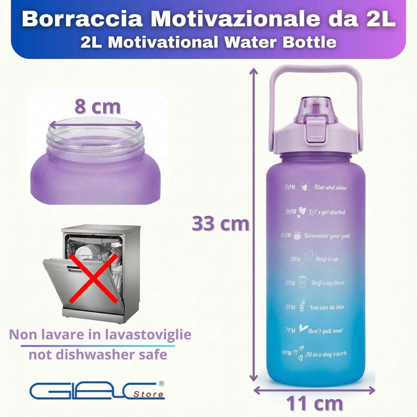 Motivierende Trinkflasche 2 l mit Strohhalm und Zeitskala, auslaufsichere Sportflasche mit Tragegriff, 33 x 11 cm, 217 g (Violett und Blau)