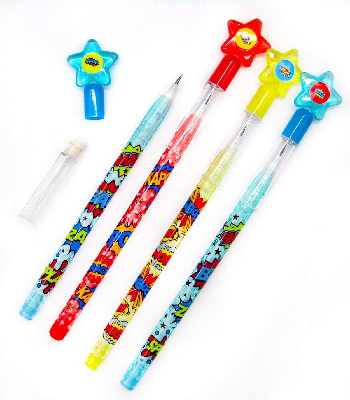 TINYMILLS 24 Pcs Superhero Stackable Pencils with Erasers, Multi Point Pencil Assortment for Kids, Superhero Party Favors, Classroom Rewards, Treasure Box Prizes, Carnival Prizes, Goody Bag Fillers