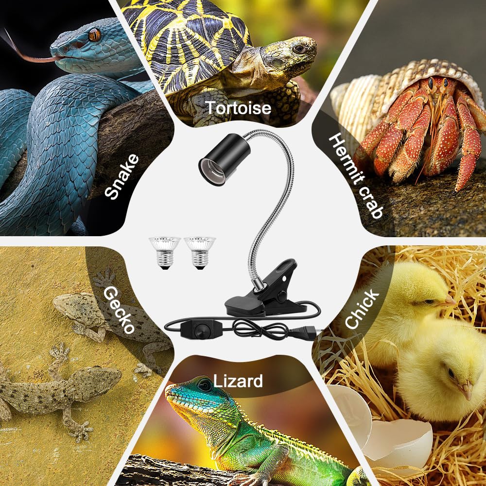 mizikuu Lámpara para Tortuga, Lámpara de Reptiles y Anfibios con 2 Bombillas de Luz Solar UVA UVB 50W Temperatura Ajustable 360° Giratorio Lampara para Tortuga, Lagartos, Serpientes, Camaleones