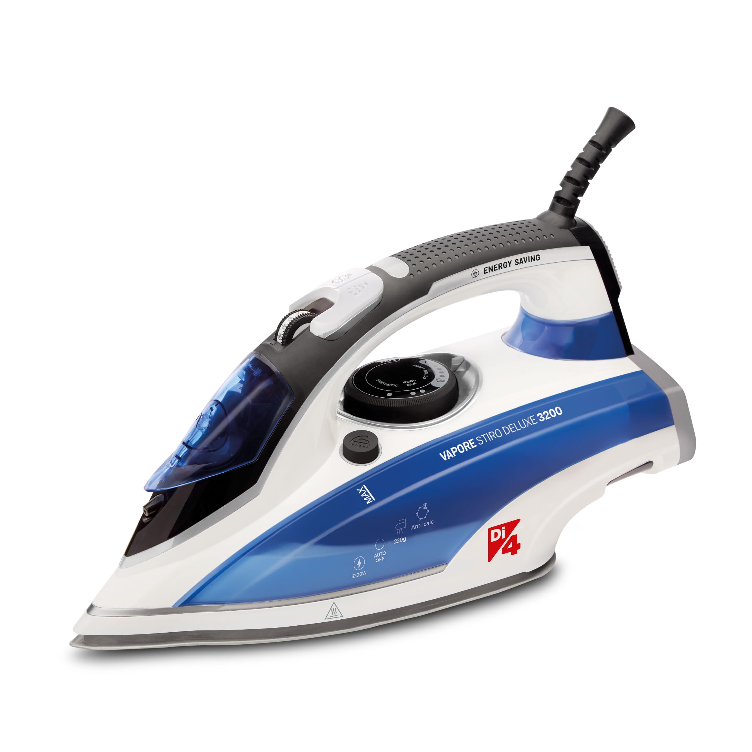 Di4 Vapore Stiro Deluxe Plancha de Vapor 3200W, Golpe de Vapor 260g, Vapor Continuo 50g/min, Suela Cerámica PrimeGlide, Sistema Antical 3 en 1, Antigoteo, Depósito 350ml, Planchado Vertical