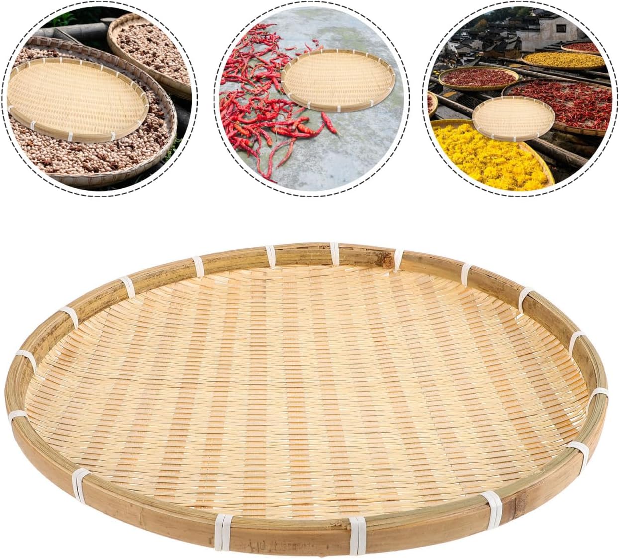 GANAZONO 16 Inch Bamboo Round Tray Woven Basket for Food Serving and Drying Handmade Bamboo Sieve for Kitchen Home and Party Use - Image 7