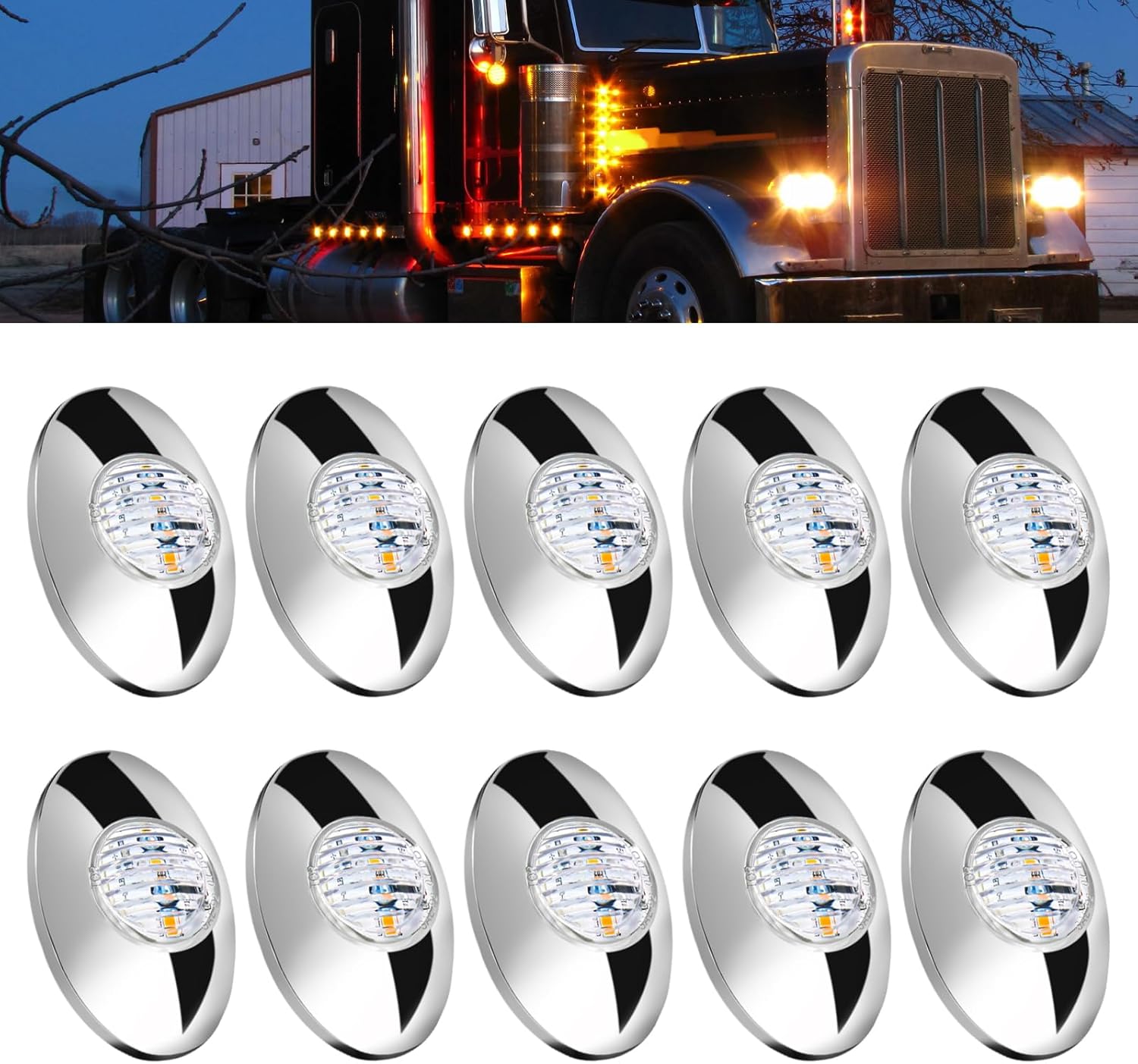 10Pcs 3"x2" Amber Lens Amber LED Side Marker Clearance Lights, Ultra-Bright 3 LED Oval Chrome Waterproof for Peterbilt Kenworth Freightliner Semi Truck Trailers, 12V