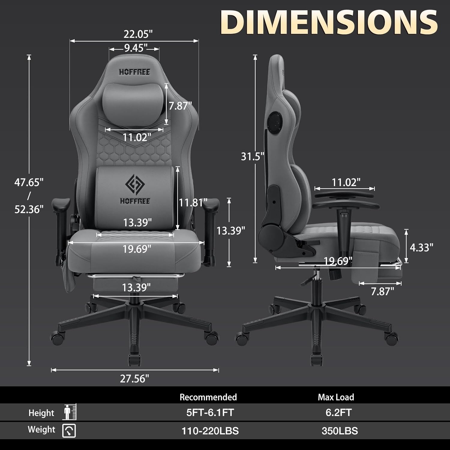 HOFFREE Gaming Chair Suede Fabric with Speakers Massage Gaming Chairs with Pocket Spring Cushion 165° Reclining Computer Office Chair for Adults Ergonomic Computer Chair with Footrest Grey
