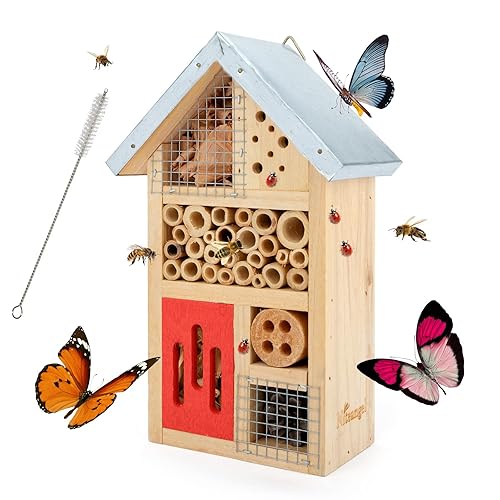 Niteangel Natural Wooden Insect Hotel, Garden Insect House for Ladybugs, lacewings, Butterfly, Bee, Bug - 10 x 6 x 3.4 inch - Red