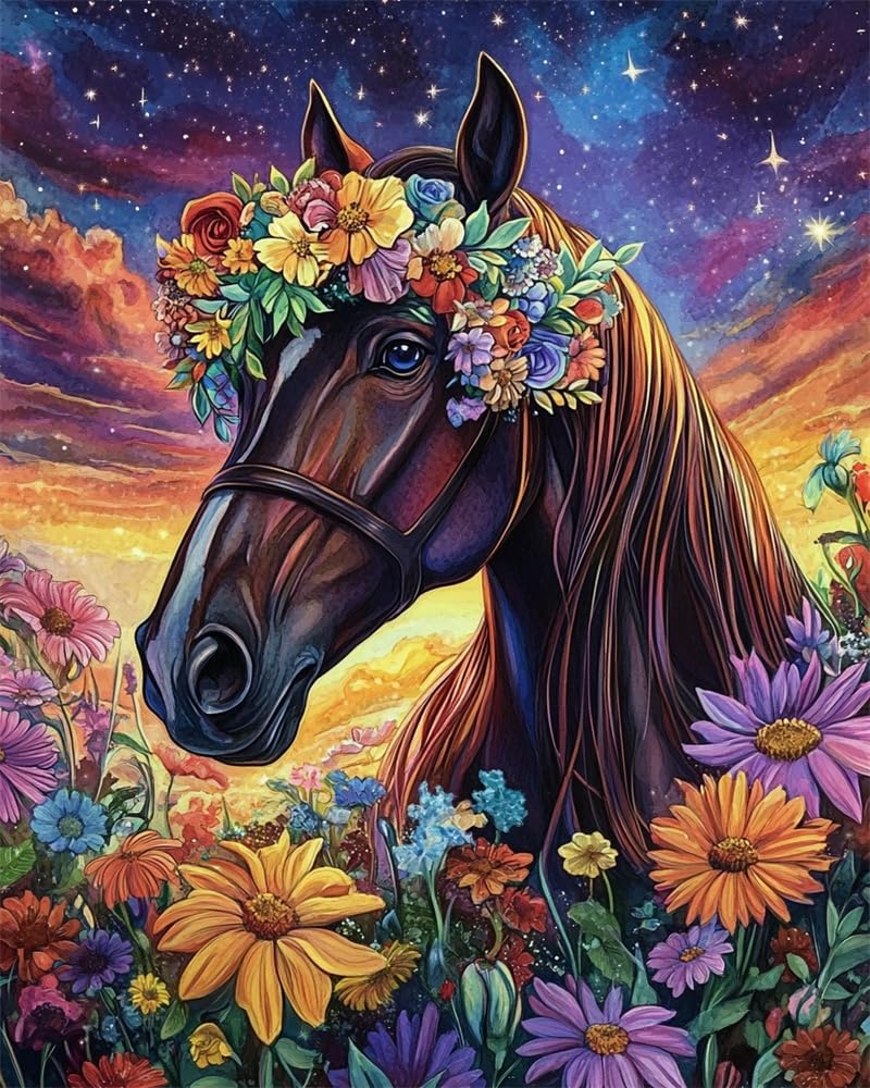 Henypt Home Cross Stitch Kits for Adults Pre Printed, Horse Wearing A Floral-Wreath Hat DIY 11Ct Embroidery Sewing Starter Kit Stamped Needlework Easy Beginners (Stamped Home)