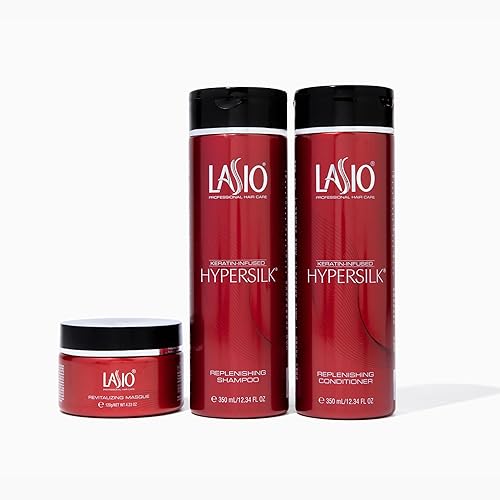 Lasio Kit de reparación intensa de cabello Hypersilk con infusión de queratina, contiene champú, acondicionador y máscara profesional de grado de