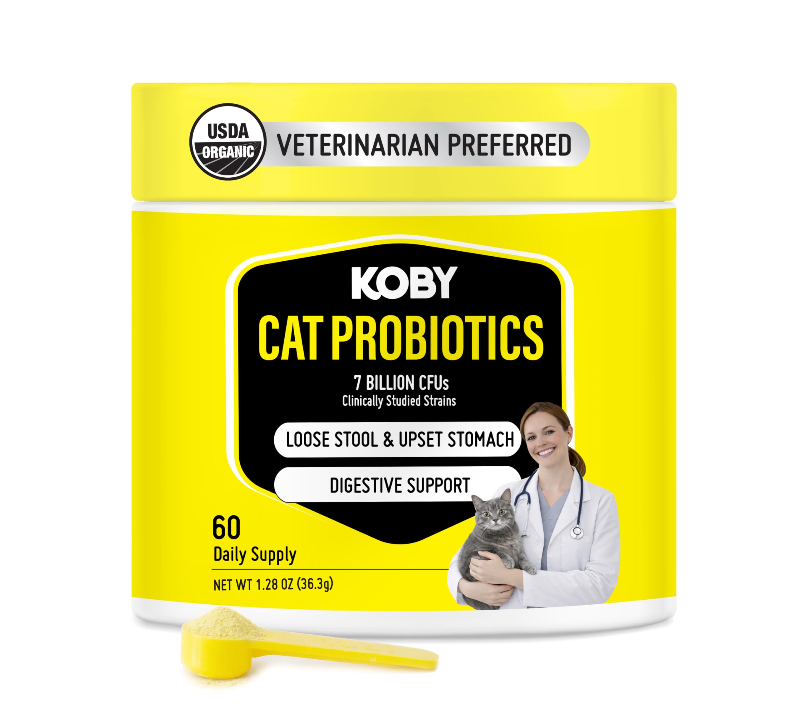 Koby Cat Probiotics | Daily Digestive Support for Sensitive Cats | Helps Loose Stool & Upset Stomach | Certified Organic | Vet Preferred, Clinical Dose | Easy-to-Use Powder