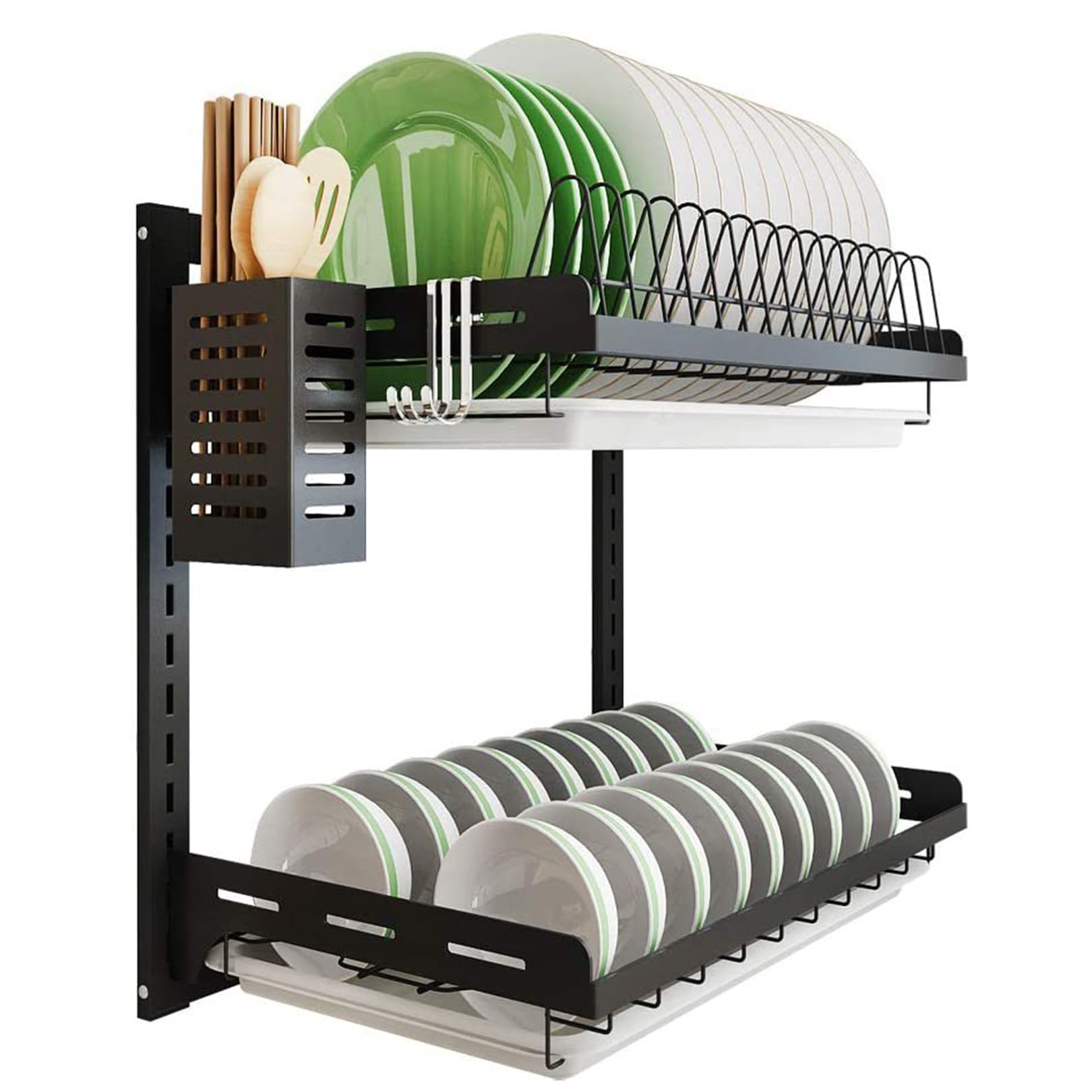 TYUHDUYUR Kitchen Dish Rack Dish Drying Rack for Kitchen Counter, Large 2 Tier Rtproof Stainless Steel Dish Drainers with Drainboard, Include Removable Utensil Holder, Cutting Boar, Black