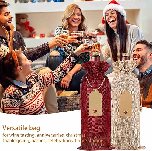 Miniatura 6 de Homum 12 bolsas de vino de arpillera de alta calidad y 12 etiquetas de regalo, 6 bolsas de regalo reutilizables marrones y 6 rojas para botellas de