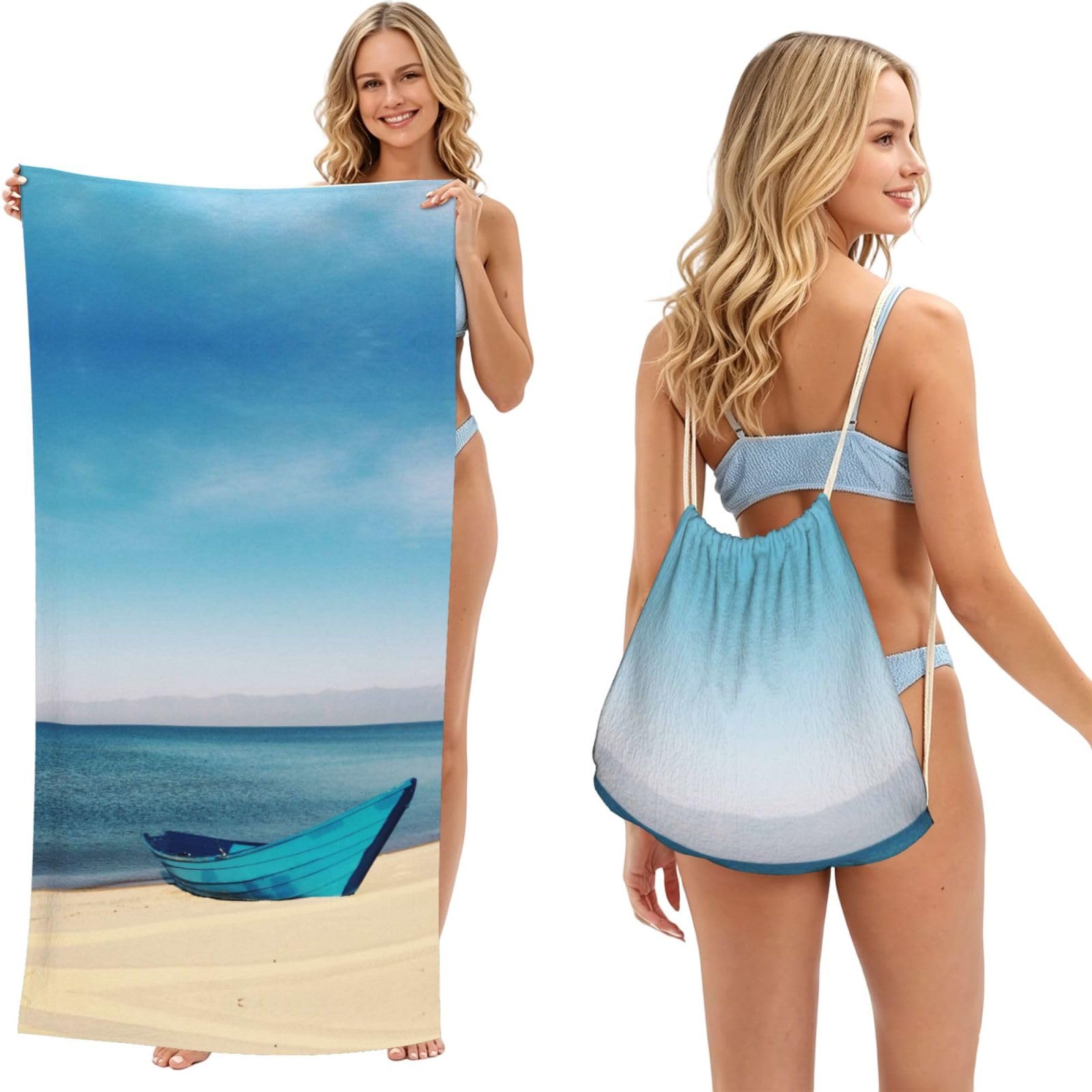ESNAIUVCD Boat And Sea Print Beach Towel For Adults,Towel With Drawstring Bag, Travel Pool Swimming Sports Shower Sand Free Quick Dry Bath Towel For Pool, Beach, Yoga- 180x60cm