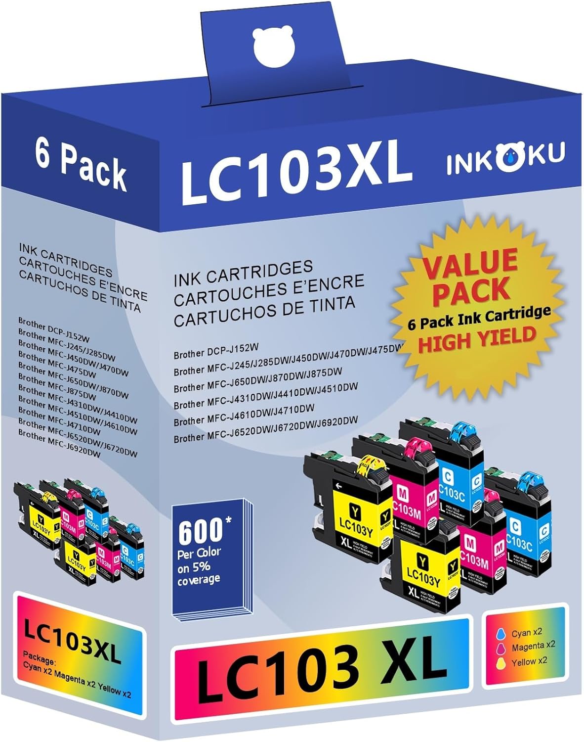 LC103XL Color Compatible for Brother LC103 Ink Cartridges LC101 LC103XL Combo Pack Use with Brother MFC-J870DW MFC-J6920DW MFC-J6520DW MFC-J450DW Printer (2 Cyan, 2 Magenta, 2 Yellow, 6 Pack)
