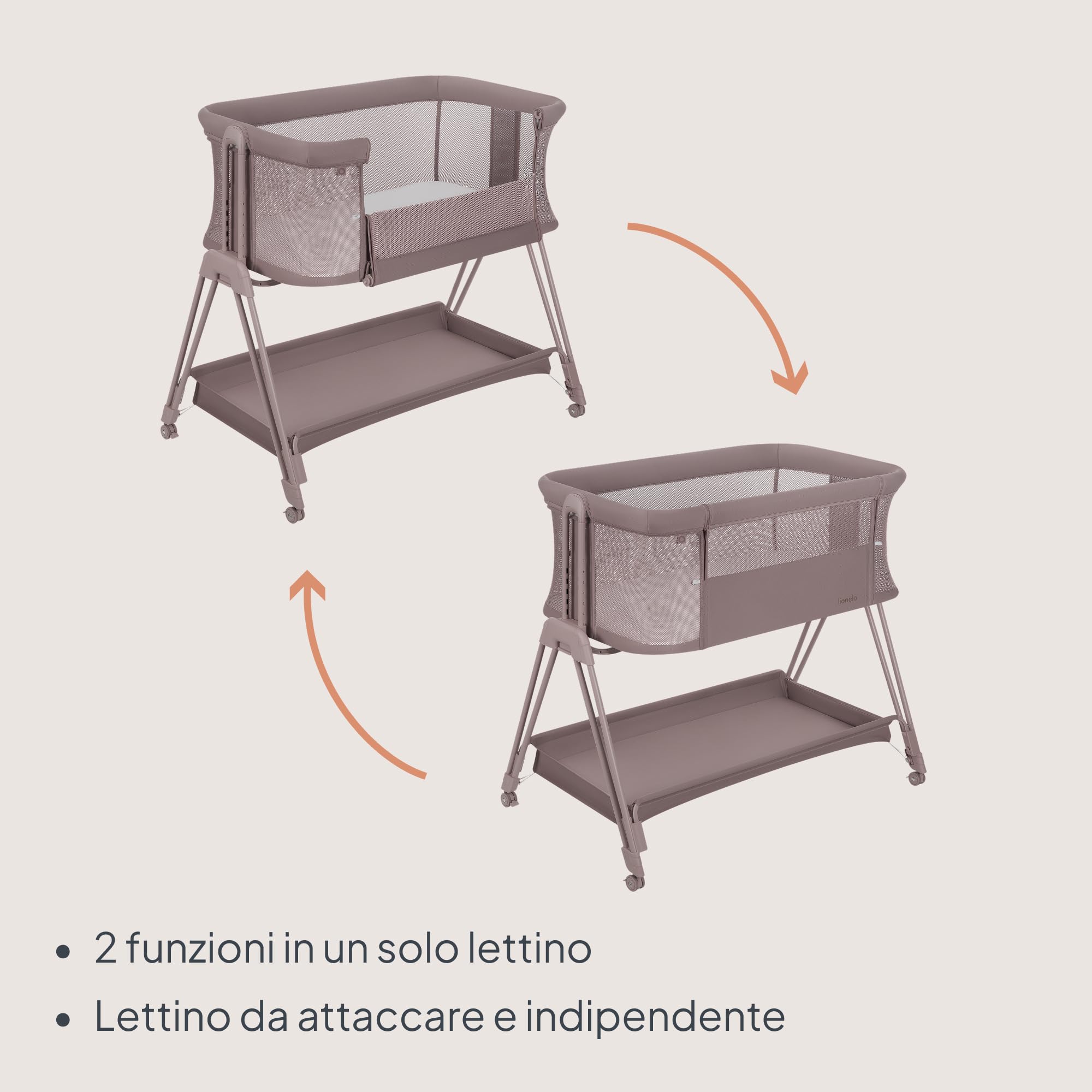 lionelo LUNA lettino portatile con materasso, co-sleeping, da neonato a 9kg, altezza e inclinazione regolabili, 4 ruote con blocco, fissaggio al letto dei genitori, arioso lettino da affiancare