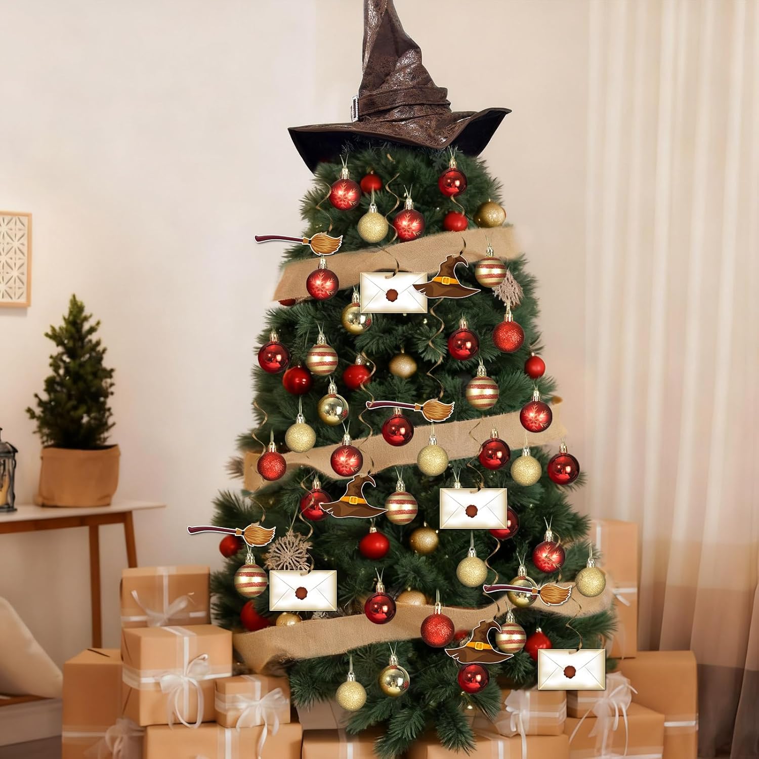 66Pcs Magical Christmas Tree Decorations Set Include Christmas Balls Ornaments Tree Topper Witch Hat Decor Magic Hanging Swirls and Burlap Ribbon for Xmas Holiday Birthday Home Party Supplies Gifts