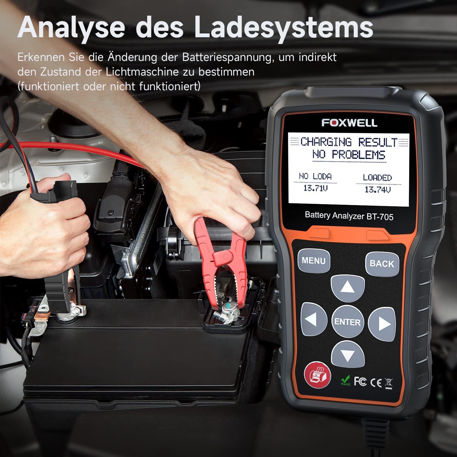 FOXWELL BT705 Batterietester 12V 24V, KFZ Autobatterie Tester 100-2000CCA Lasttester, Car Batterie Tester auto Lade-Anlasser-System Autoatterie Analysator für Auto, SUV, Motorrad, LKW, Marine.