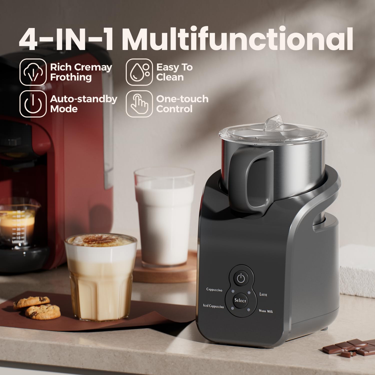 Espumador de leche, vaporizador eléctrico, máquina automática de espuma de capuchino caliente y frío 4 en 1, calentador de leche de 12.5 onzas para latte, macchiato, acero inoxidable