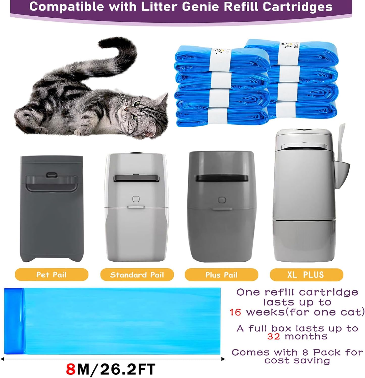 26.2 FT Cat Litter Refill Bags Compatible with Litter Genie Plus/Standard/Style/Pet Pail, Extra 80% Length 32 Months Use Time, Super Odor Control Litter Refills, 8 Pack (Cartridge NOT Included)