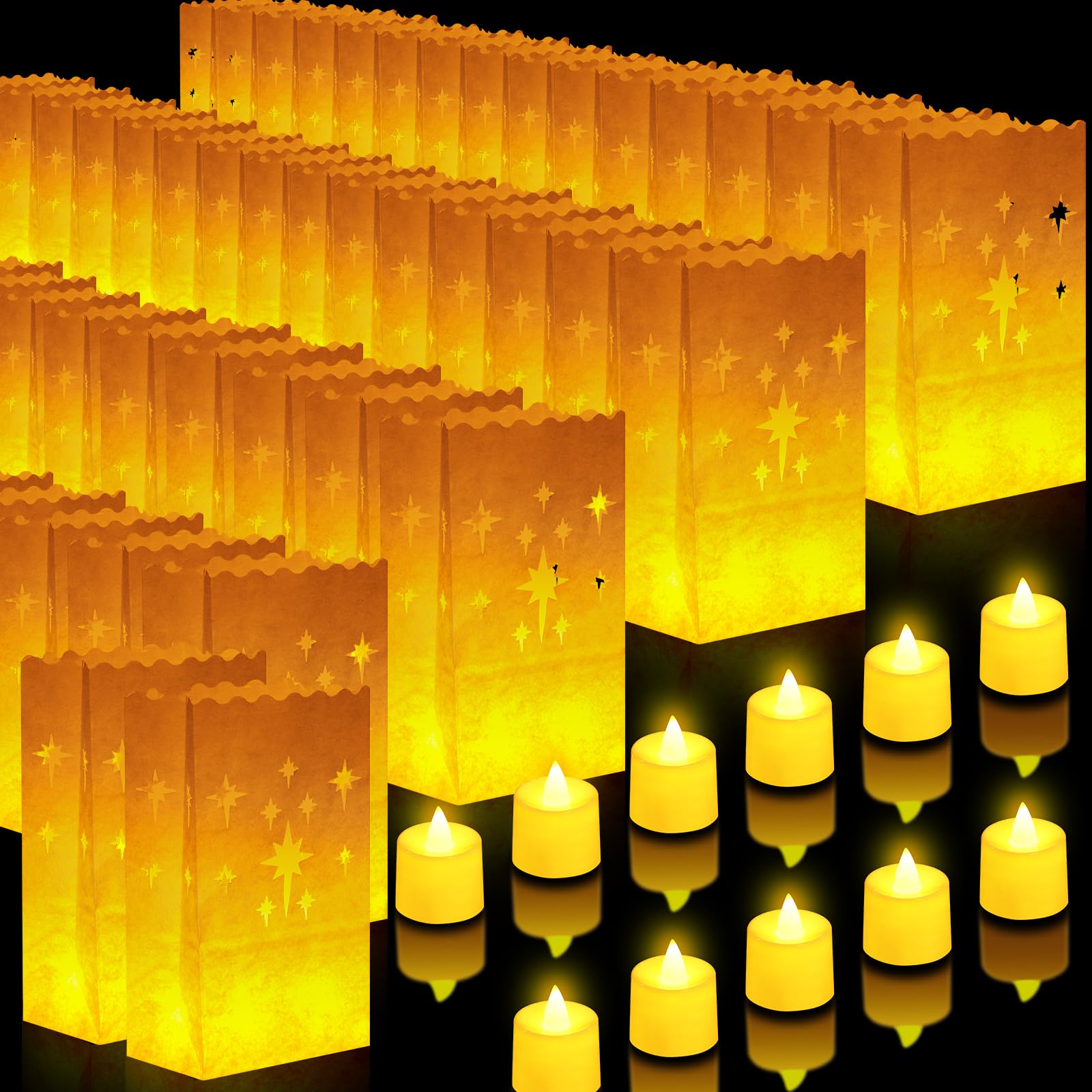 300 Pcs Luminary Bags Set Include 150 PCS Luminary Paper Bags with 150 PCS Flameless LED Tea Lights, Flameless Candle with Flame Resistant Luminaries Bags for Wedding,Christmas,Party Decor (Fireworks)