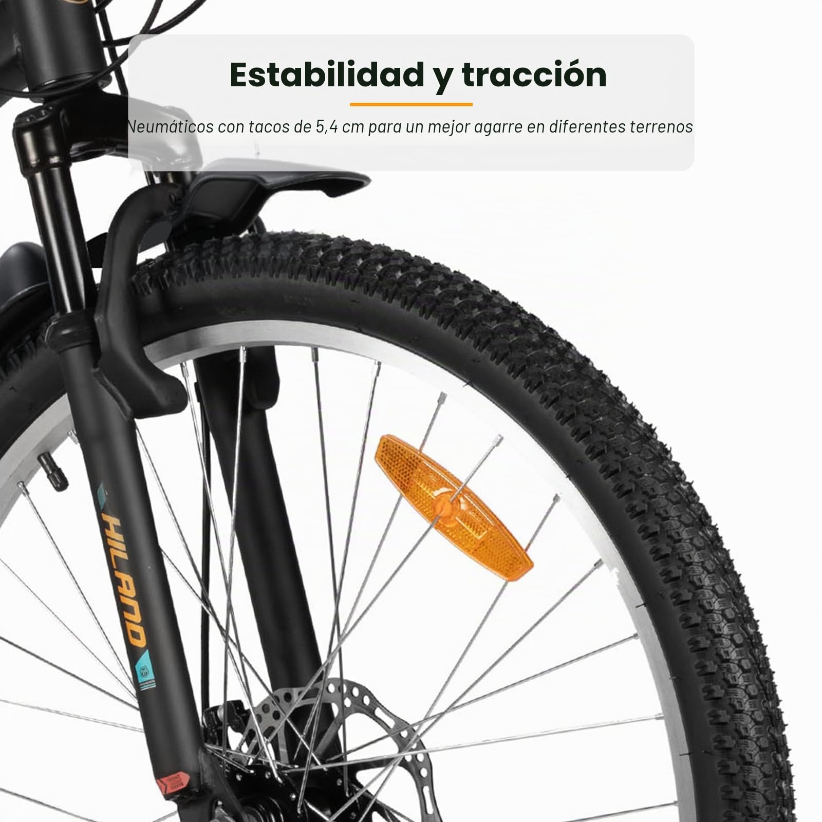 HILAND Bicicleta de Montaña 26/27,5”, 18 Velocidades, MTB para Hombre y Mujer, Doble Freno de Disco, Horquilla con Suspensión, Bicicleta para Adultos, Naranja/Amarillo