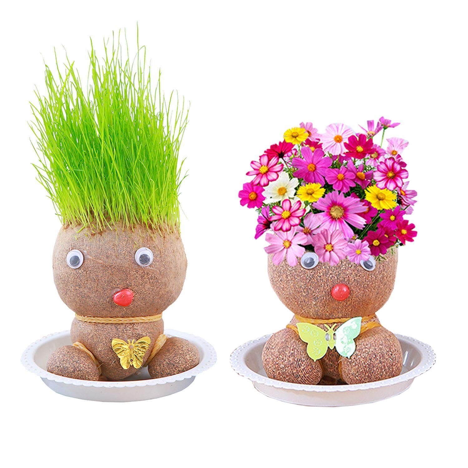 2 muñecos de crecimiento de plantas, 2 bandejas, muñecas de cabeza de hierba con cabeza de flores, mini muñecos de cabeza de hierba bonsai, decoraciones creativas de escritorio de oficina