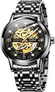 Men's Automatic Watch Gold Skeleton Watches for Men Mechanical Self Winding Diamond Luxury Men Stainless Steel Wrist Watches No Battery Dress 30M Waterproof Male Watches Luminous Gifts for Him