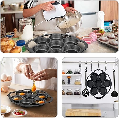 Miniatura 5 de SUNSHNO Molde para galletas de hierro fundido con asas, juego de 7 bandejas para hornear presazonadas, bandeja para hornear galletas, panecillos