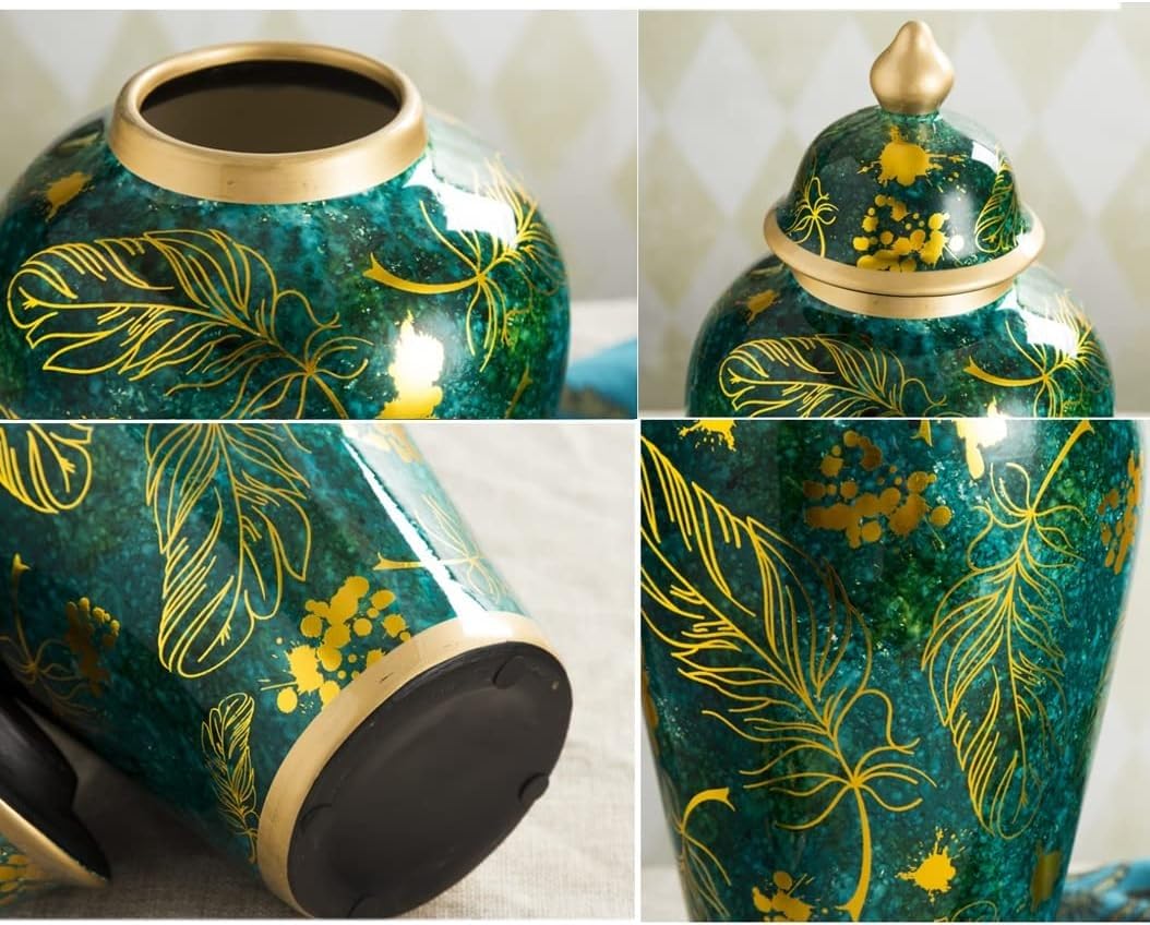 Duży ceramiczny wazon na imbir ze złotymi wykończeniami, nowoczesny rustykalny porcelanowy słoik (B) (Szary Wilk)
