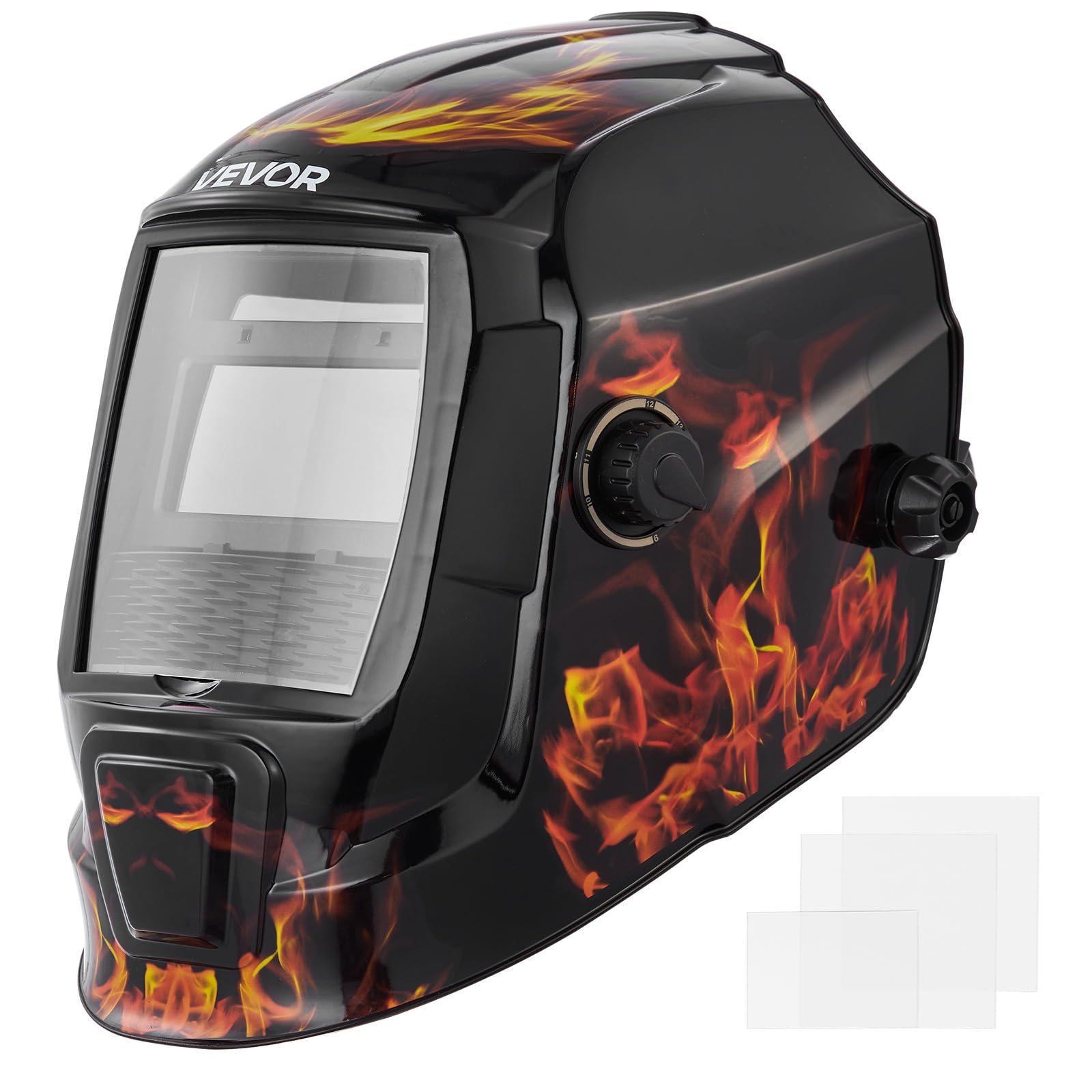 VEVOR Casco de Soldadura con Oscurecimiento Automático Solar, con 2 Sensores de Arco, de Tono DIN 4/9-13, para Soldadura TIG, MIG y Arco, Amolado, Patrón de Llama Amarillo, 350 x 260 x 220 mm