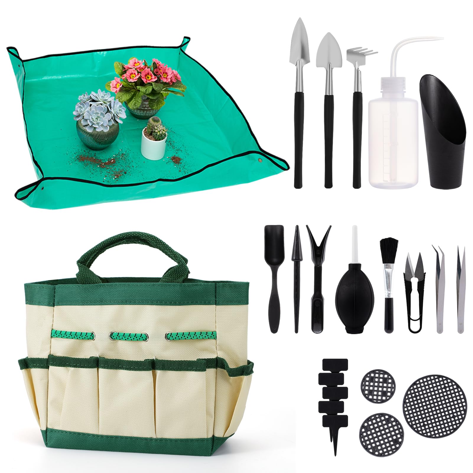 44pcs Small Gardening Tools Gifts for Women Beginners - Garden Hand Tools Set for Indoor Succulent Bonsai Plants Transplanting, Included Bag/Repotting Mat/Shovel/Labels, Green